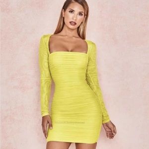 NWOT HOUSE OF CB 'Valentina' Chartreuse Ruched Organza Dress Size Med Ret $255